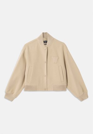 Korte beige jas gemaakt van een wolmix, met een geribde kraag, boorden, twee zijzakken en een geborduurde letter op de borst.