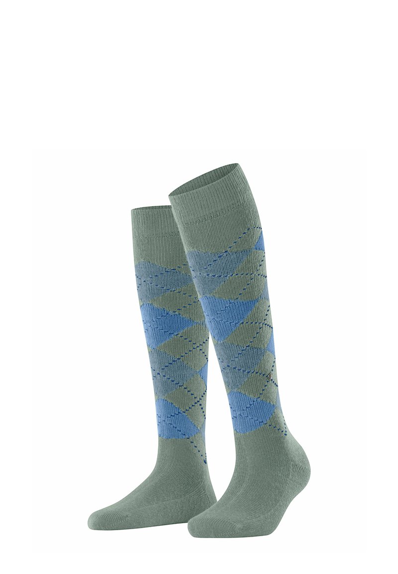 Calze al ginocchio di colore verde tenue con un motivo a diamante in blu chiaro e grigio, dotate di un polsino a costine e una texture liscia.