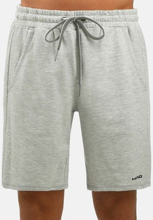 Pantaloni shorts grigi in misto cotone con vita elastica, cordoncino e due tasche laterali. Presenta un logo sul lato sinistro in basso.