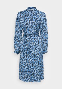 Vestido azul com padrão de leopardo, feito de um tecido leve, com mangas longas, gola e um laço na cintura para um ajuste personalizável.