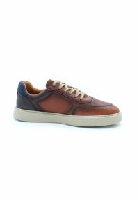 Sneaker in pelle marrone con lacci beige, accentuazioni grigie testurizzate e pannelli perforati. Caratterizzato da una suola in gomma bianca.