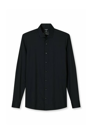 Schwarzes langärmeliges Hemd mit Kragen, ausgestattet mit einer durchgehenden Knopfleiste und schwarzen Knöpfen. Glatte Stoffstruktur, keine sichtbaren Muster.