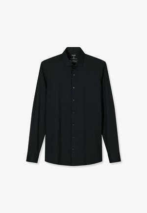 Black long-sleeve shirt with a collar, featuring a button-front closure and black buttons. Smooth fabric texture, no visible patterns.
