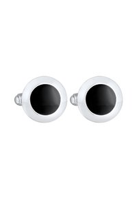 Silberne Manschettenknöpfe mit rundem Design, die glänzende schwarze Mittelteile und glatte Kanten aufweisen. Der polierte Metallfinish verstärkt den visuellen Kontrast.