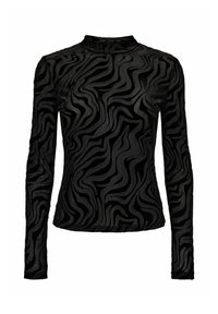 Schwarzes Langarmshirt mit hohem Kragen, das ein welliges, abstraktes Zebra-Muster in unterschiedlichen Schwarztönen zeigt.