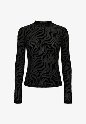 Maglia nera a maniche lunghe con collo alto, caratterizzata da un motivo astratto a strisce ondulate simile a una zebra in diverse tonalità di nero.