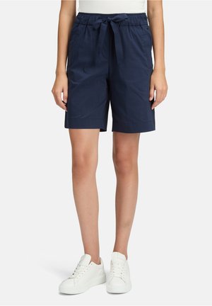 Granatowe spodenki wykonane z lekkiego materiału, z elastycznym paskiem w talii z wiązaniem, bocznymi kieszeniami i prostym dołem.