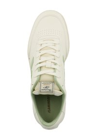 Sneaker bianco con lacci, dettagli verde chiaro, punta traforata, colletto imbottito e scritta "FLAMINGOS" sulla soletta.
