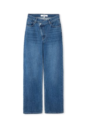 Szerokie niebieskie dżinsy z wysokim stanem, z pięcioma kieszeniami i delikatnym przecieraniem. Wykonane z solidnej bawełny, o prostym kroju.