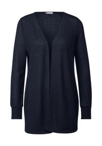 Mörkblå långärmad cardigan med V-ringning, öppen front och ribbade ärmslut. Mjuk stickad tyg med en lätt texturerad yta.