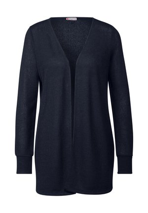Cardigan long à manches longues bleu marine avec un décolleté en V, une ouverture sur le devant et des poignets côtelés. Tissu en tricot doux avec une finition légèrement texturée.