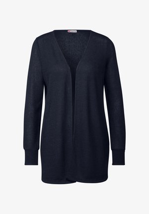 Cardigan lungo a maniche lunghe navy con scollo a V, apertura frontale e polsini a coste. Tessuto in maglia morbido con una finitura leggermente testurizzata.