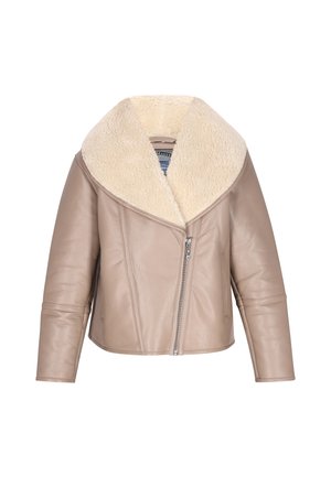 Beige bőrkabát széles gyapjú gallérral, elöl cipzárral, és testhezálló fazonnal. Hosszú ujjakkal és sima textúrával rendelkezik.