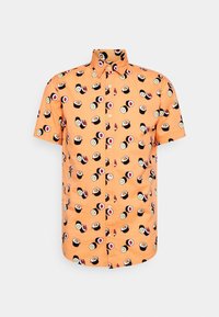 Short-sleeve button-up shirt in orange fabric featuring a sushi pattern with various rolls, colors, and details across the surface.