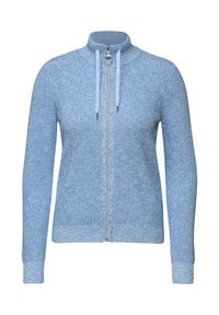 Lichtblauwe zip-up sweater met een hoge kraag, gebreide textuur, geribde manchetten en trektouwen. Bevat een metalen rits en een getailleerde pasvorm.