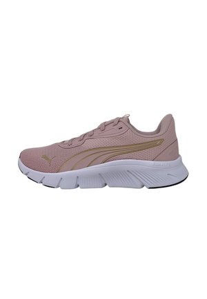 Scarpe da ginnastica rosa chiaro con tomaia in rete traspirante, dettagli dorati, collare imbottito e suola bianca rigata per una maggiore trazione.