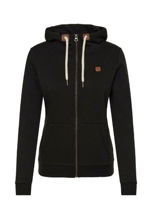 Sort hættetrøje med lynlås og snore, der har en blød stoftekstur, kængurulommer og en lille logopatch på brystet.
