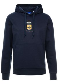 Sudadera de color azul marino hecha de una suave mezcla de algodón, con un gráfico de batería y el texto "¡MANTEN UNA ACTITUD POSITIVA!" y un bolsillo tipo canguro.