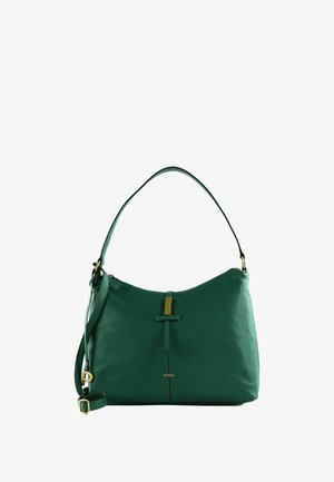 Sac à main en cuir vert avec une forme courbée, une poignée supérieure unique et une bandoulière amovible. Présente un accent en ton doré.