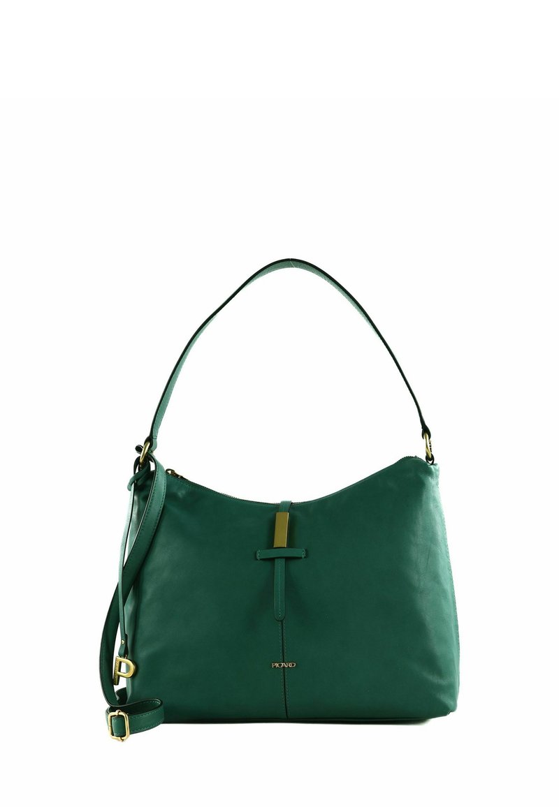 Bolso de piel verde con forma curvada, un asa superior y una correa de hombro desmontable. Presenta un acento en tono dorado.