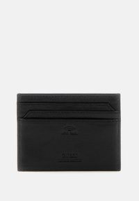 Porte-cartes en cuir noir avec logo embossé, quatre emplacements pour cartes et une texture lisse agrémentée de détails de couture discrets.