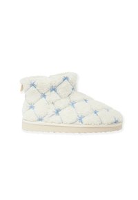 Off-white Plüschhausschuhe mit gestepptem Design, ausgestattet mit blauen Nähakzenten und einer weichen Textur; leichte Sohle für Komfort.
