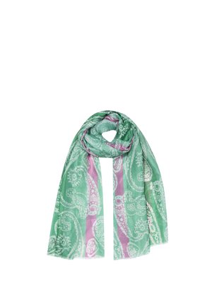 Hellgrüner Schal mit weißen Paisley-Mustern und vertikalen pinken Streifen, locker geschlungen und auf weißem Hintergrund dargestellt.