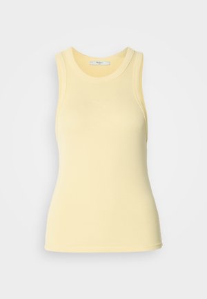 Gul ærmeløs tanktop lavet af blødt, ribbet stof. Har rund halsudskæring og en figursyet silhuet. Diskret logo på brystet.