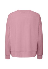 Pull rose texturé à manches longues avec poignets et ourlet côtelés, présenté de dos sur fond blanc.