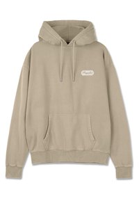 Felpa con cappuccio beige realizzata in tessuto morbido. Presenta una tasca a marsupio frontale, polsini a coste e una piccola toppa con logo sul petto.