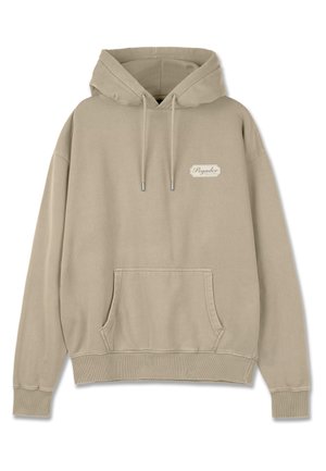 Bēšas kapuces sporta krekls, kas izgatavots no mīksta auduma. Tam ir priekšējā kabata, ribotas piedurknes un neliels logo uz krūtīm.