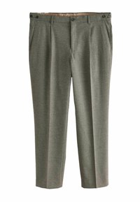 Gray wool trousers with a textured finish, featuring a flat front, two side pockets, and two buttons at the waistband for closure.