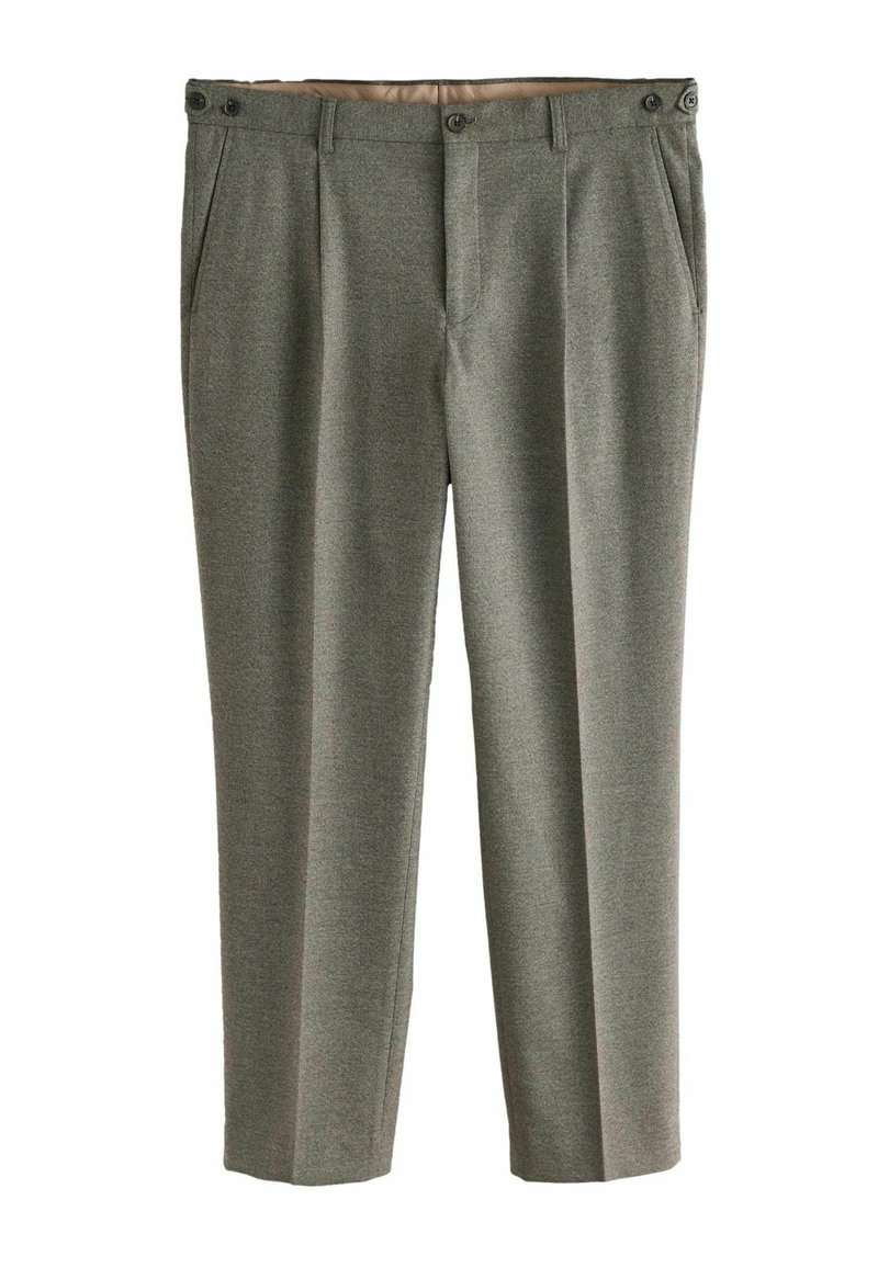 Gray wool trousers with a textured finish, featuring a flat front, two side pockets, and two buttons at the waistband for closure.