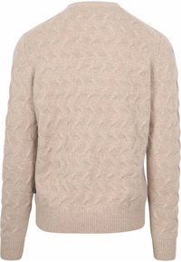 Beige knitted sweater with a textured cable pattern. Round neckline and ribbed cuffs and hem. Soft material and medium weight.