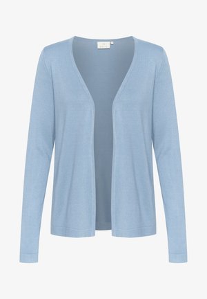 Helles blaues Cardigan aus weichem Strickmaterial mit offener Vorderseite, langen Ärmeln und Rippbündchen an den Manschetten und dem Saum.