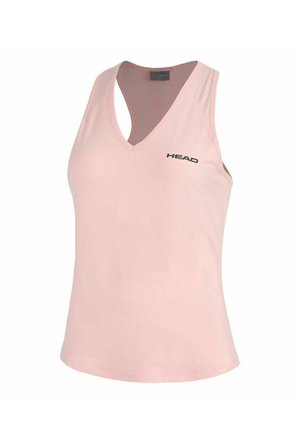Débardeur de sport rose clair sans manches avec col en V et logo noir "HEAD" sur le côté gauche de la poitrine.