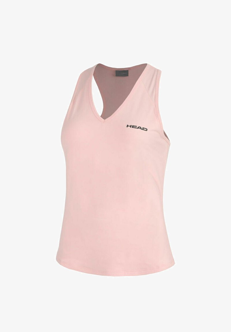 Camiseta deportiva sin mangas de color rosa claro con escote en V y logo negro "HEAD" en el pecho izquierdo.