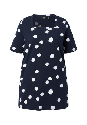 Marineblaues Kurzarmhemd mit unregelmäßigen weißen Polka-Dots und quadratischem Ausschnitt.