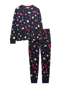 Conjunto de pijama azul marino con parte superior de manga larga y pantalones, que presenta un estampado colorido de comida y dulces, hecho de tela suave con un ajuste cómodo.