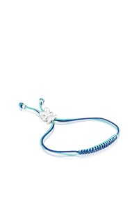 Bracciale regolabile con cordini intrecciati multicolore in turchese e blu, caratterizzato da un ciondolo a forma di elefante in argento come dettaglio principale.