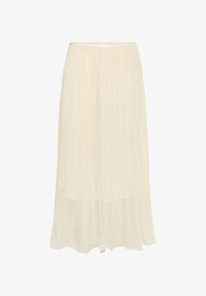 Jupe plissée longueur cheville en tissu léger de couleur crème, dotée d'une taille élastique et d'un intérieur partiellement doublé pour plus de fluidité.