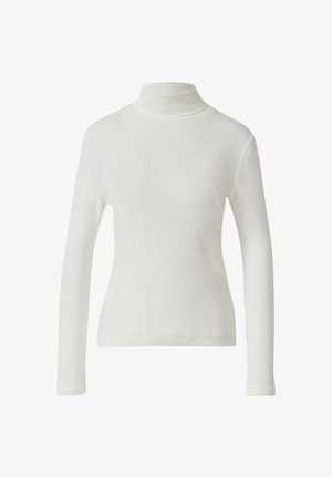 Haut à col roulé blanc à manches longues, fabriqué en tissu lisse avec un design ajusté et une texture douce ; couture minimale et sans motifs visibles.
