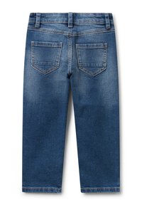 Tmavě modré džíny z denimu s vybledlým povrchem, pěti kapsami a prošíváním na pase a kapsách. Standardní rovný střih.