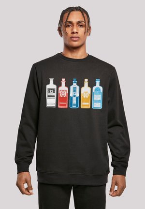 Sort sweatshirt med grafik af fem stiliserede flasker i forskellige farver: hvid, rød, blå, gul og orange. Glat tekstur.