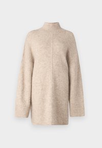 Beige trui met een hoge hals, oversized model en lange mouwen. Gemaakt van zachte, gestructureerde stof, voorzien van geribde manchetten en een centrale naad.