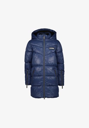 Doudoune bleu marine avec capuche, fermeture éclair intégrale, design matelassé, et deux poches latérales zippées. Présente un logo noir sur la poitrine.