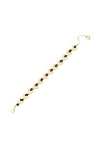 Bracelet en métal doré avec des maillons en forme de cœur alternant avec de petites perles noires, terminé par un fermoir en forme de homard et une chaîne ajustable.
