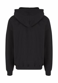 Felpa nera con cappuccio realizzata in tessuto morbido, dotata di cappuccio, polsini a costine e vita aderente. Design semplice e minimalista.