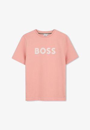 Pink cotton t-shirt with short sleeves and a crew neck. Features the word "BOSS" printed prominently in white across the chest.