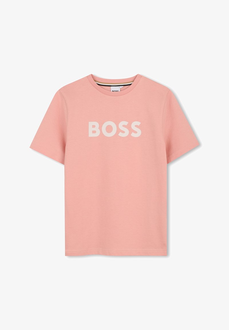 T-shirt en coton rose à manches courtes et col rond. Présente le mot "BOSS" imprimé en blanc de manière bien visible sur la poitrine.